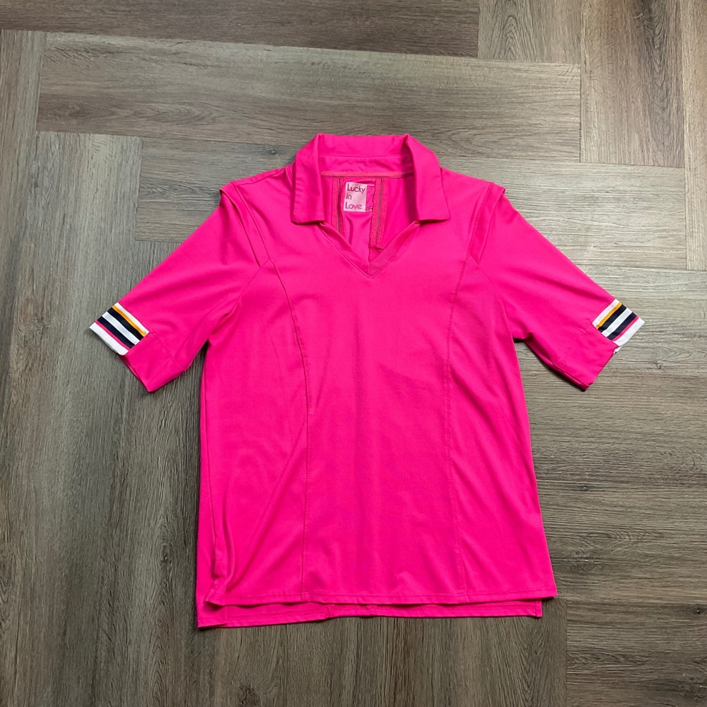 Lucky in Love Polo Shirt Womens Small Hot Pink Ribbed V Neck Tennis Golf Preppy